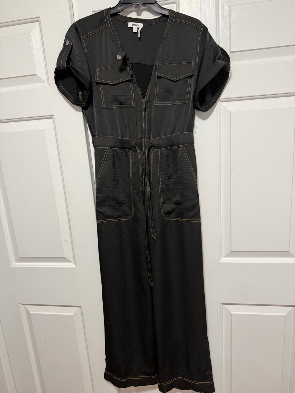 DKNY Black Jumpsuit with Contrast Tan Stitching
